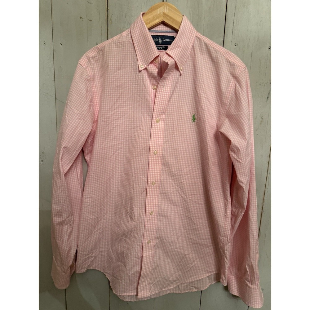 Ralph Lauren Pink Gingham Check Custom Fit Non Iron Button-Down Green Polo Sz-M